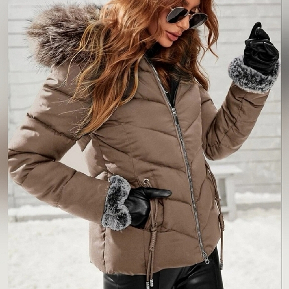 New Chic Faux Fur Puffer Jacket Coat Drawstring Lined Hooded Tan Khaki
